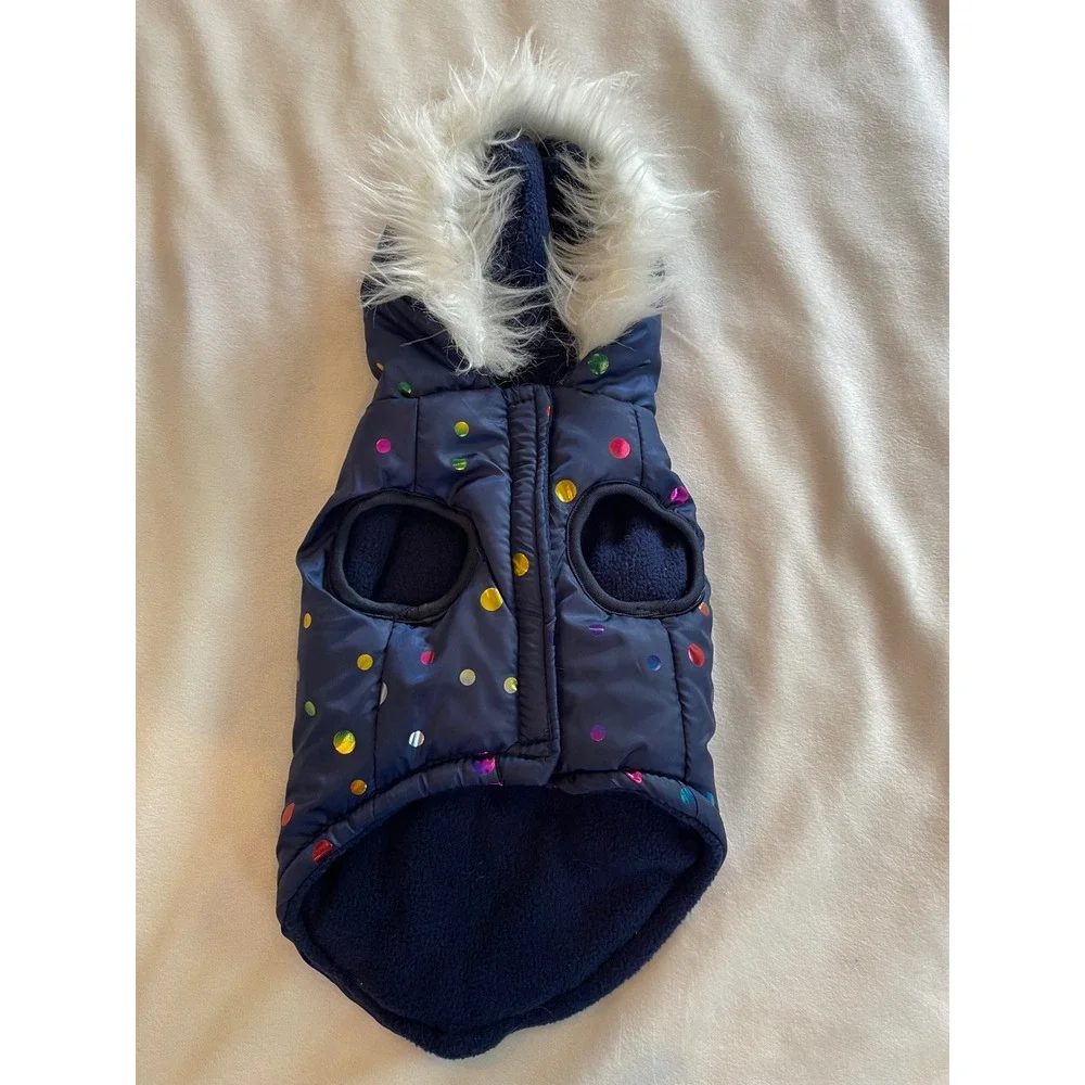 Romeo & Minx Navy Blue Polka Dot Pet Puffer Coat Faux Fur Hood Small NWT